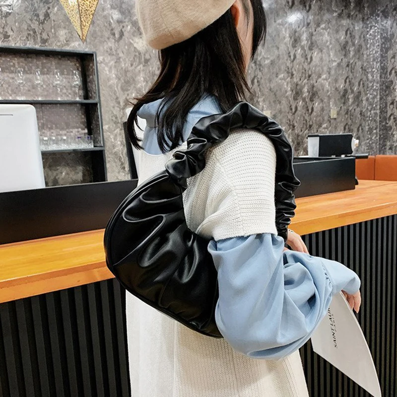 Fashion PU Cloud Bags Leisure Armpit Bag Pleated Handlebags For Women Shopping Shoulder Bag Dumpling Handbag Female Hand Bag