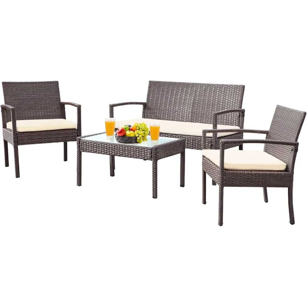 

4 Piece Patio Porch Furniture Set, Outdoor Rattan Patio Sets, Patio Conversation Sets, Porch Deck, Wicker Patio Chairs and Table