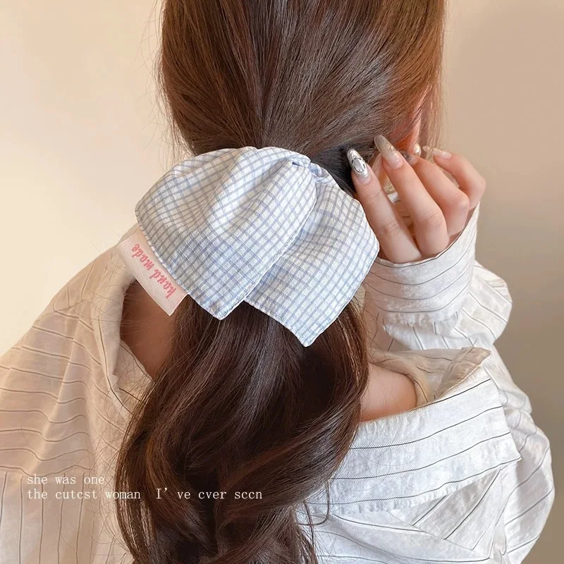 Simple Blue Striped Checkered Square Scarf Scrunchie, Elegant and Sophisticated Ponytail Hair Tie, Effortlessly Chic Hair Tie. view 3