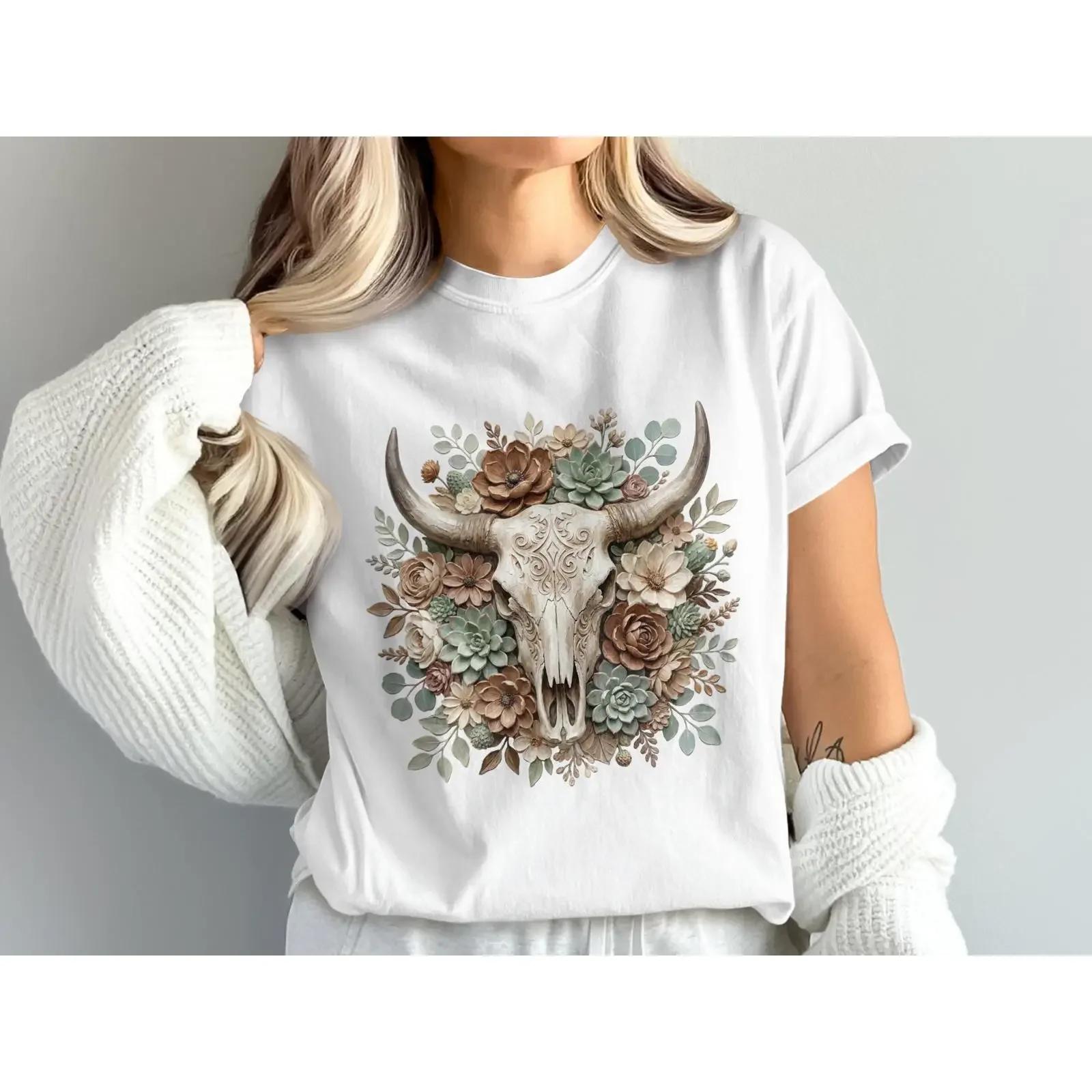 Boho Floral Bull Skull T Shirt Western Desert Succulent Longhorn Rustic Botanical Cow Casual Apparel vintage Washed Stylish