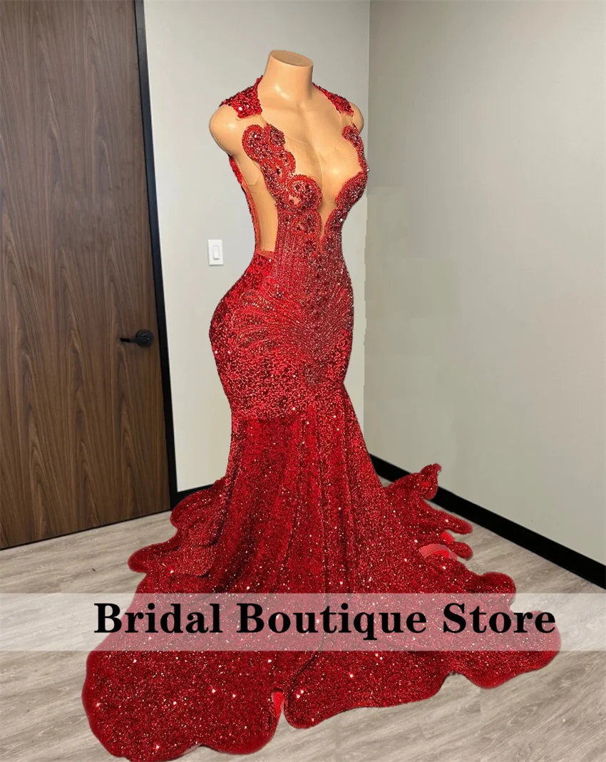 Parlayan Kırmızı Elmas Gelinlik Modelleri 2025, Denizkızı Lüks Kristaller Payet Elbisesi Siyah Kızlar Düğün Parti Için Özelleştirilmiş