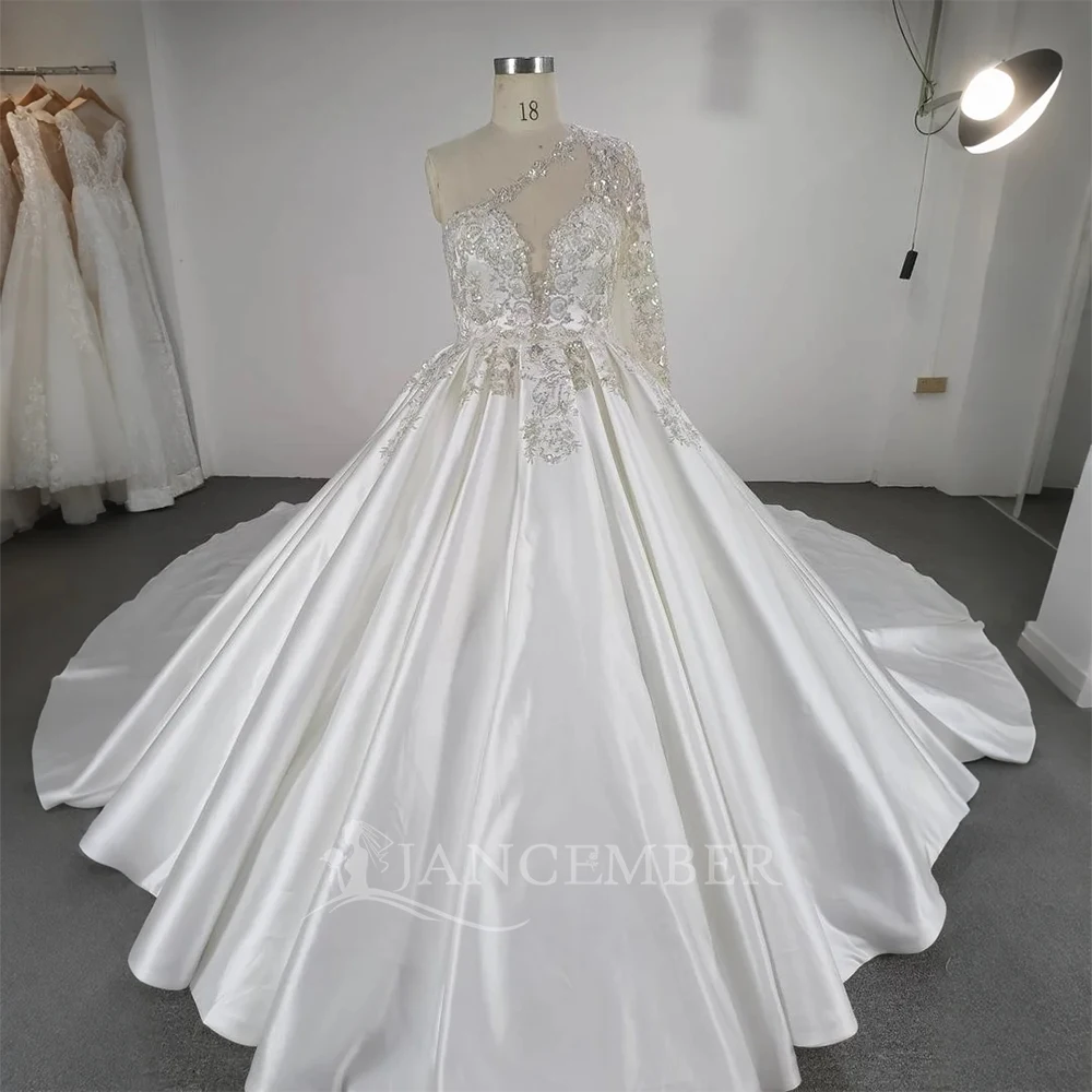 

One-Shoulder Main Wedding Dress Bride Satin High-end Palace Style Embroidered Court Train Customized платье свадебное