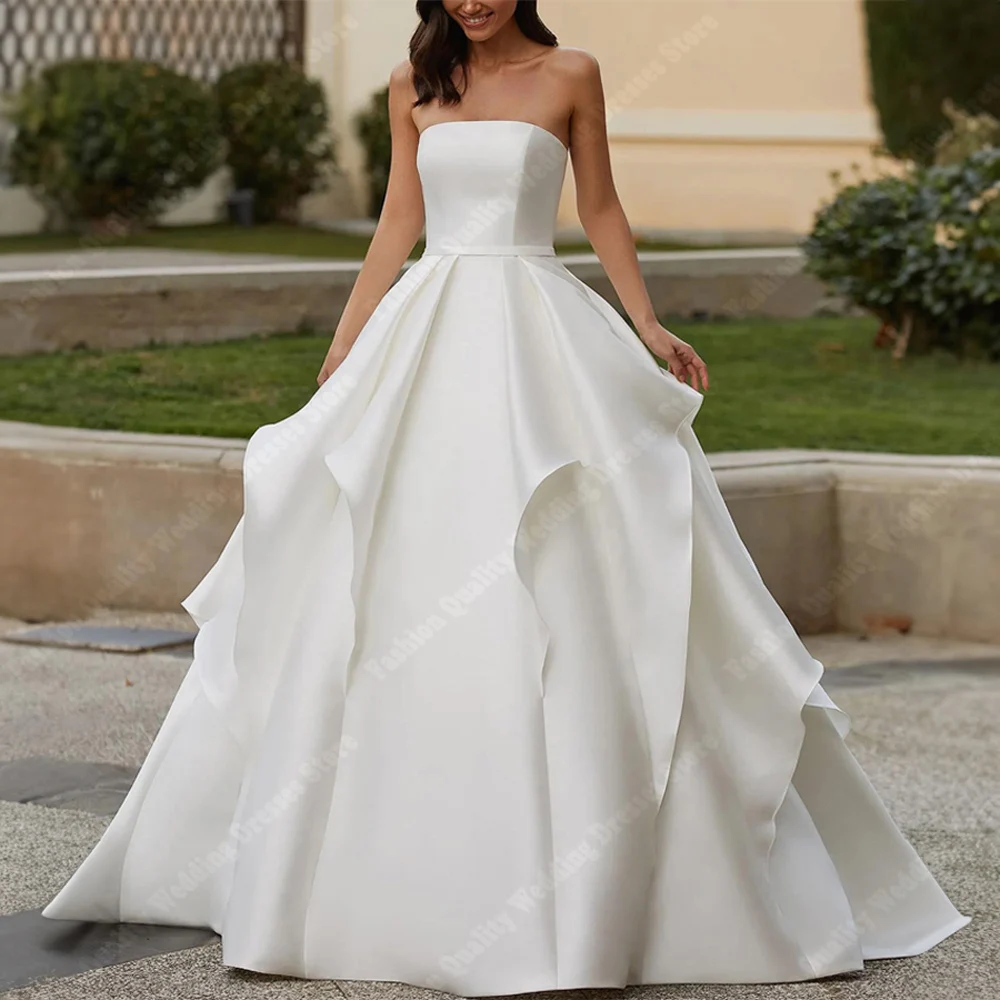 

Elegant Sleeveless Women Wedding Dresses Attractive Satin A-Line Bridal Gowns Mopping Length Princess Banquet Vestidos De Novias