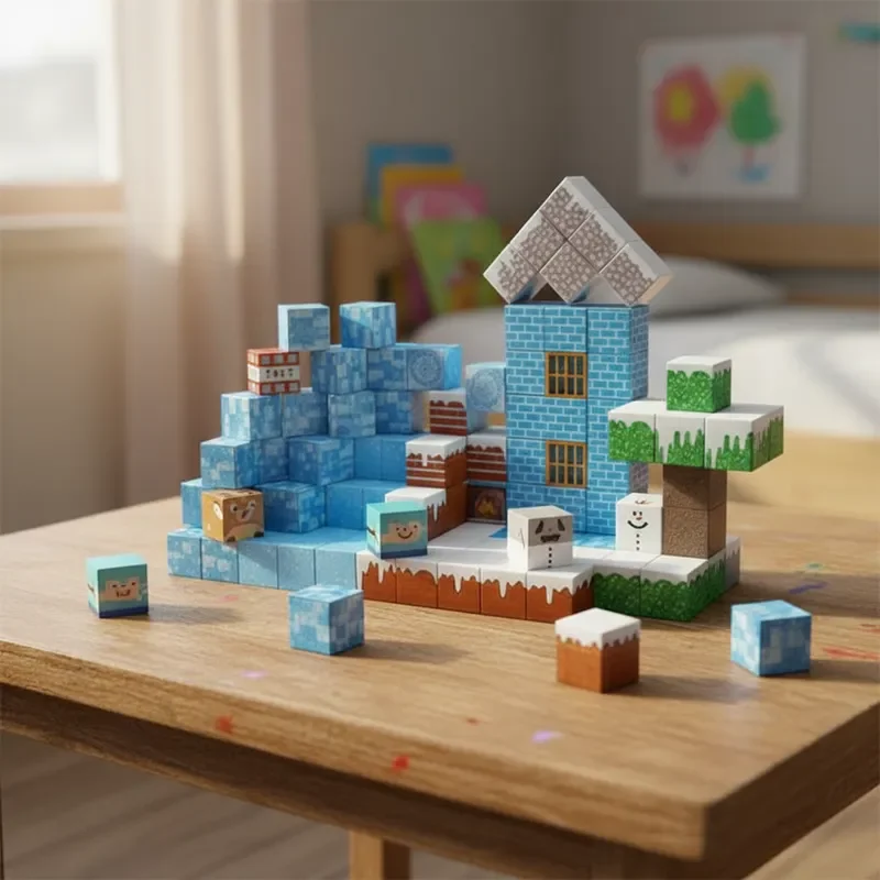 البلاط المغناطيسي 150 قطعة مشهد الشتاء البناء الجذعية لعبة تعليمية ثلاثية الأبعاد نموذج كوخ الثلج ديكور الأطفال هدية فكرة هدية عيد ميلاد