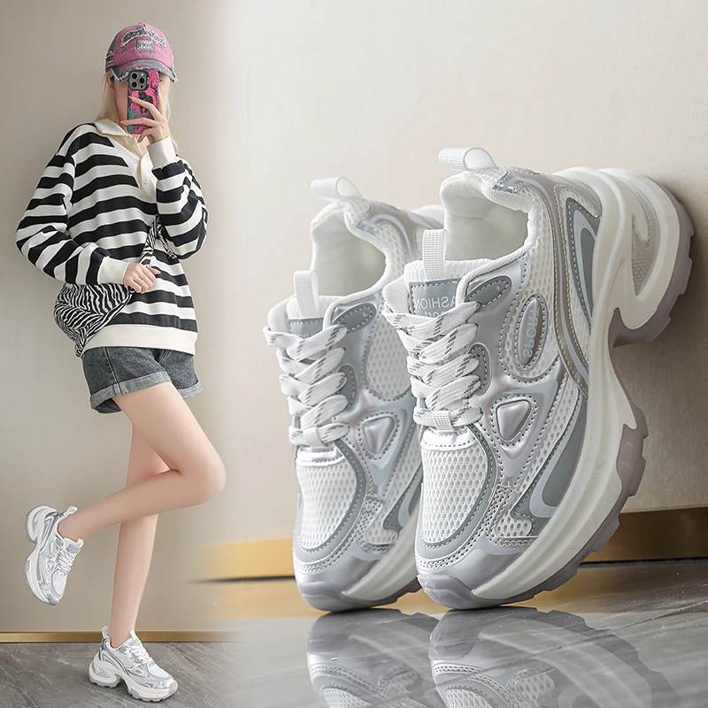 Women's Sneakers With Platform Korean Ladies Shoes Tennis Female Woman-shoes Thick Sole Fashion Silver Trainers Mesh 2024 Roses