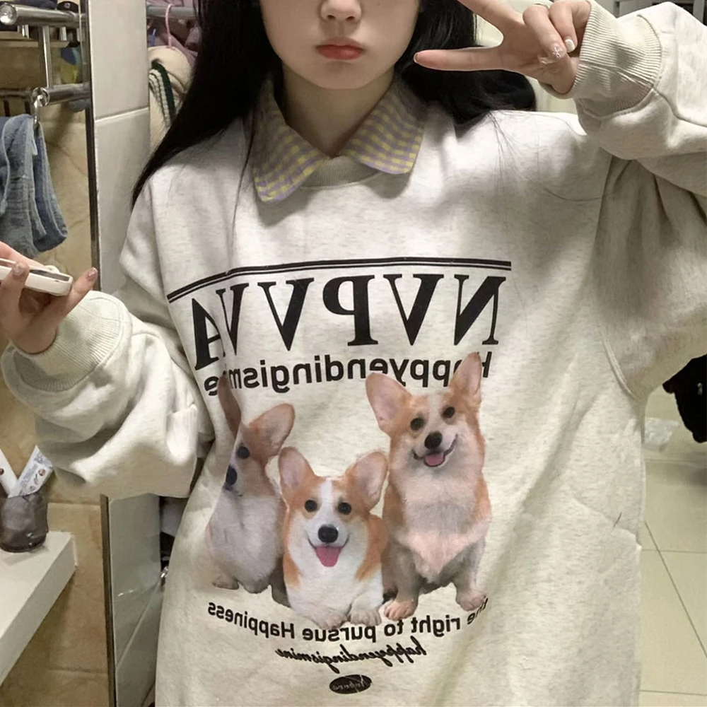 Thick Warm Fleece Winter Hoodie Korean Fashion O-neck Sweatshirt Cute Puppy Dog Y2K Printed Long Sleeve Tops Women K Pop Clothes