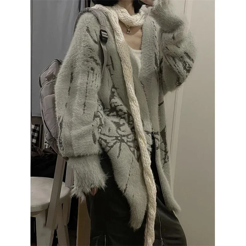 Y2K Knitted Cardigan Women Harajuku Oversized Print Sweater Coat Streetwear V Neck Zipper Knitwear Korean Casual Jumpers Tops