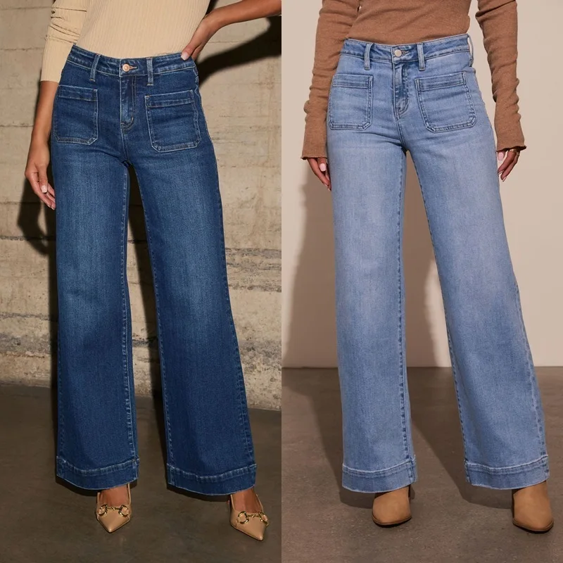 

Slim Wide Leg Retro Sle Jeans High Waist Straight Leg Pants Denim Fabric Vintage Look Spring Autumn Women's Faion