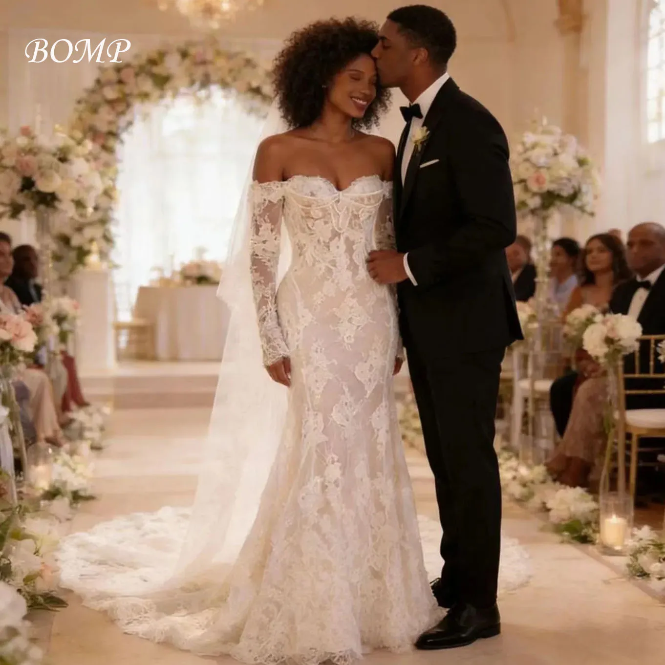 BOMP فساتين زفاف ساحرة من الدانتيل حورية البحر للعروس بدون أكتاف سويب تراين فستان زفاف مخصص جديد رداء de mariée 2026