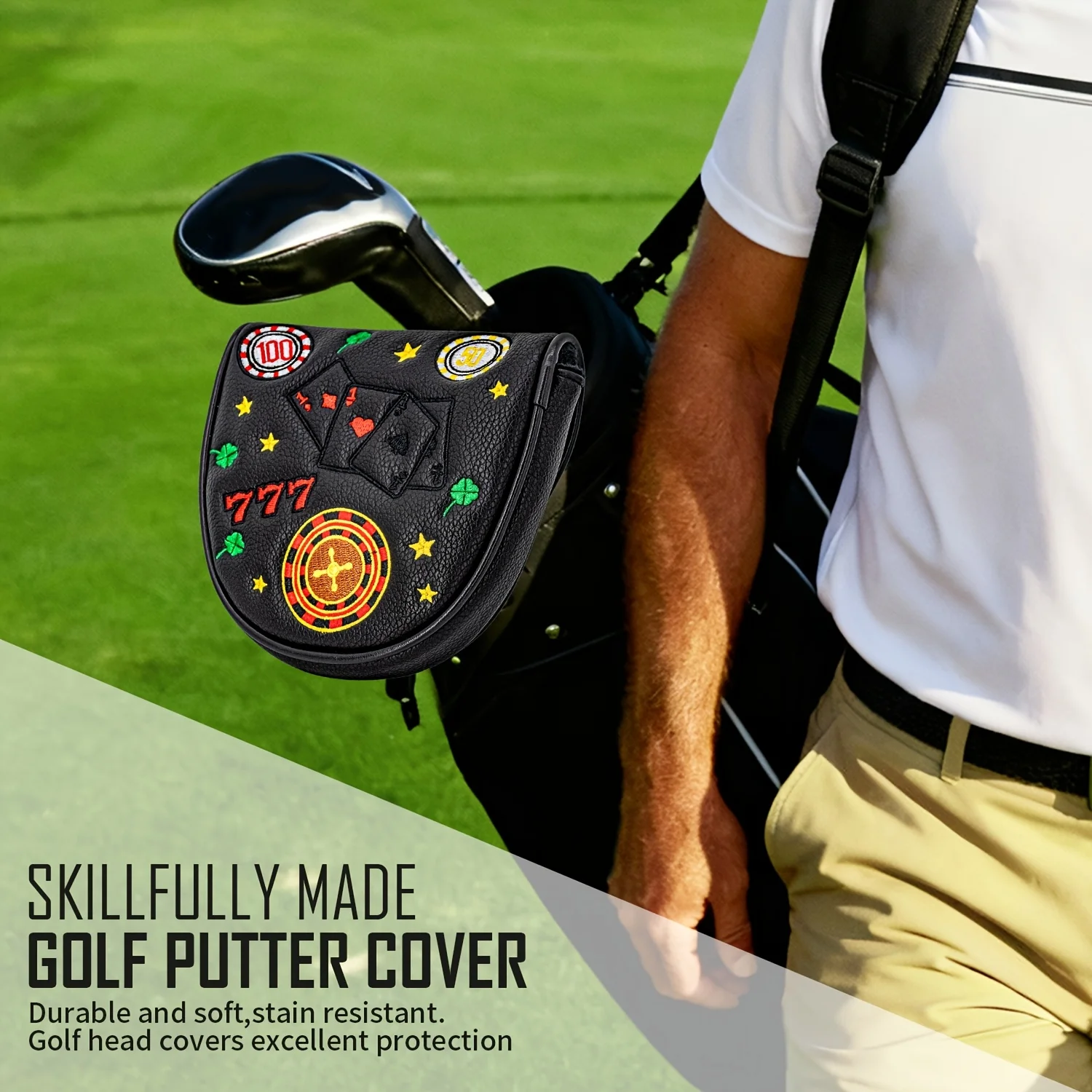 1pc Playing Card Pattern Golf Club Head Cover, Semi-Circular Mallet Golf Putter Cover, PU Material Putter Cover with Embroidery image 3