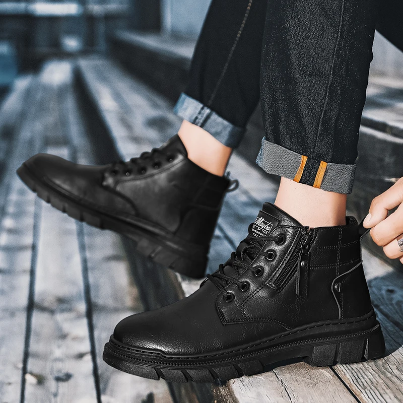 Men Retro Work Shoes Autumn Winter Thick Bottom High Top Non Slip Casual Boots Leather Boots Chelsea Desert Waterproof Boots
