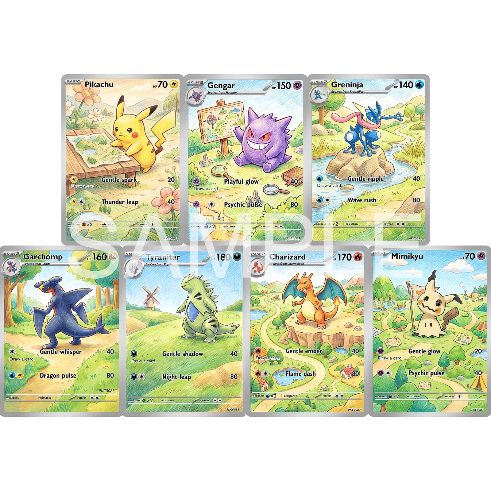 7Pcs PKM Cards PTCG Colored Pencil Storybook Style Gengar Greninja Garchomp Tyranitar Charizard Mimikyu Collection Cards PTCG
