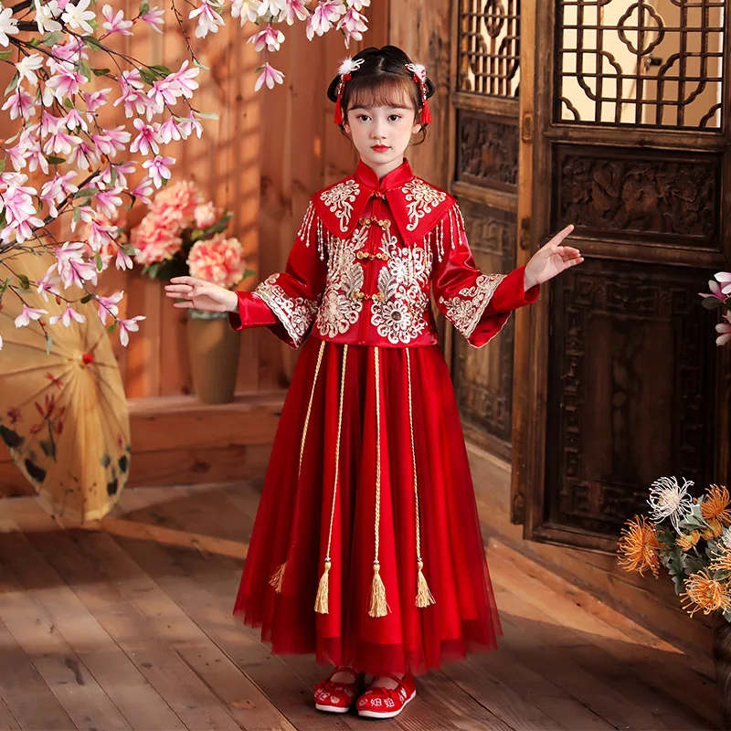 Retro 2024 New Embroiderd Girl's Hanfu Cheongsam Chinese Tradition Red Wedding Flower Girl Dress Lovely Kids New Year Clothes