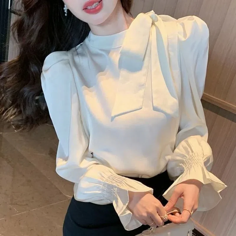 Temperament Bandage Bow Long Sleeve Blouse Women Clothing Solid Color Loose Elegant Shirt Tops Fashion Office Spring Autumn New