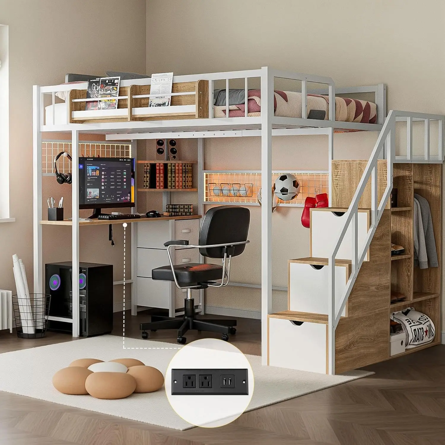 

Full Size Loft Bed with Desk and Stairs, Headboard, Wardrobe, Bedside Storage Shelf, 6 Drawers, Charging Station & LED Light, Me