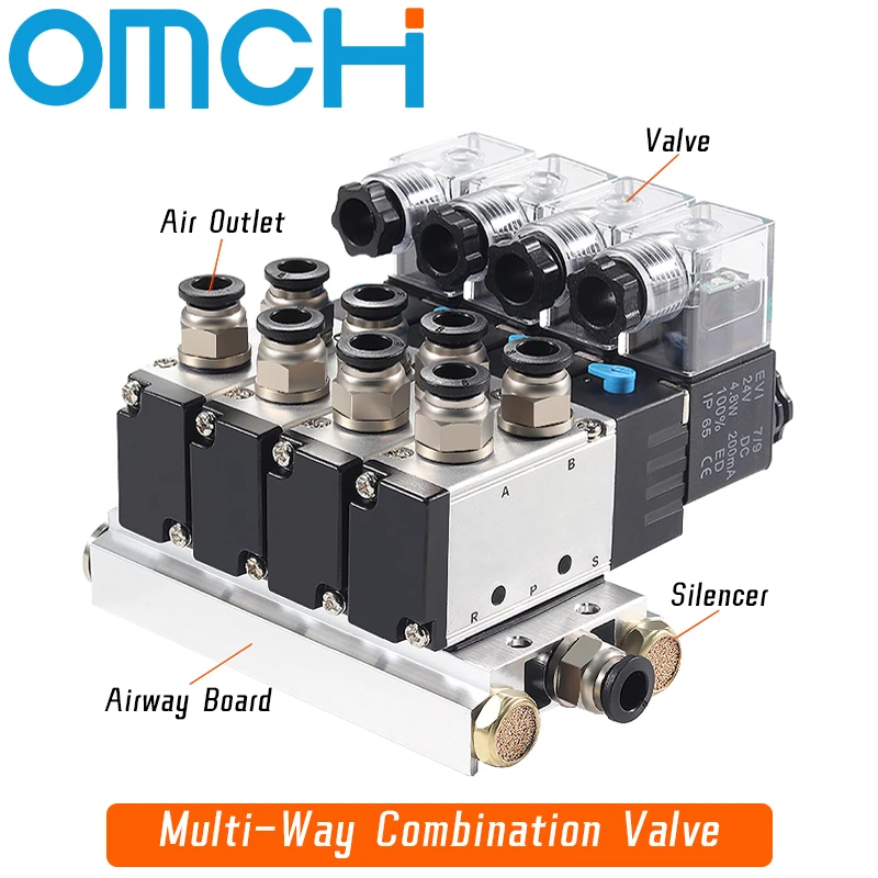 4V210-08 Manifold Stations Solenoid Valve Multi-way Combination DC12V 24V AC220V With Fittings 5 port 2 position Solenoid Valves