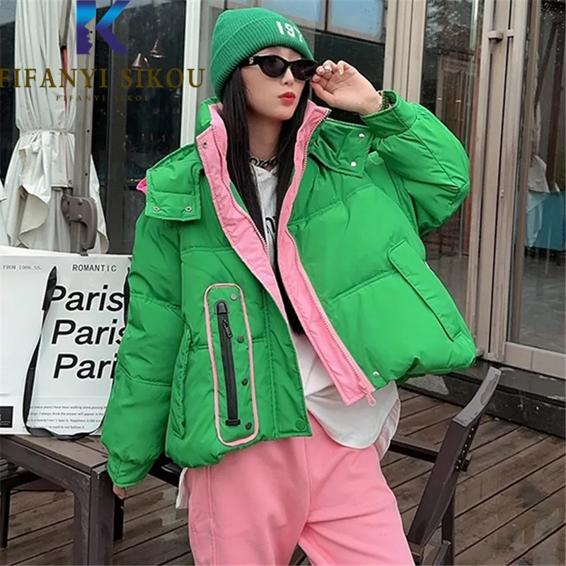 

Spliced Down Jacket Women Hooded Fashion Zipper Down Cotton Coat Streetwear Loose Short Parka Thick Warm Winter Jacket Female