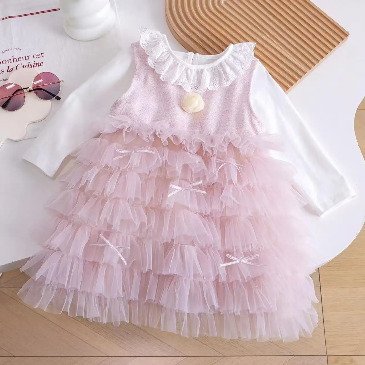 

Baby Girl Spring and Autumn Dress Children's 2025 New Style Lace Bottom Shirt+pink Cake Puffy Skirt Two-piece Set