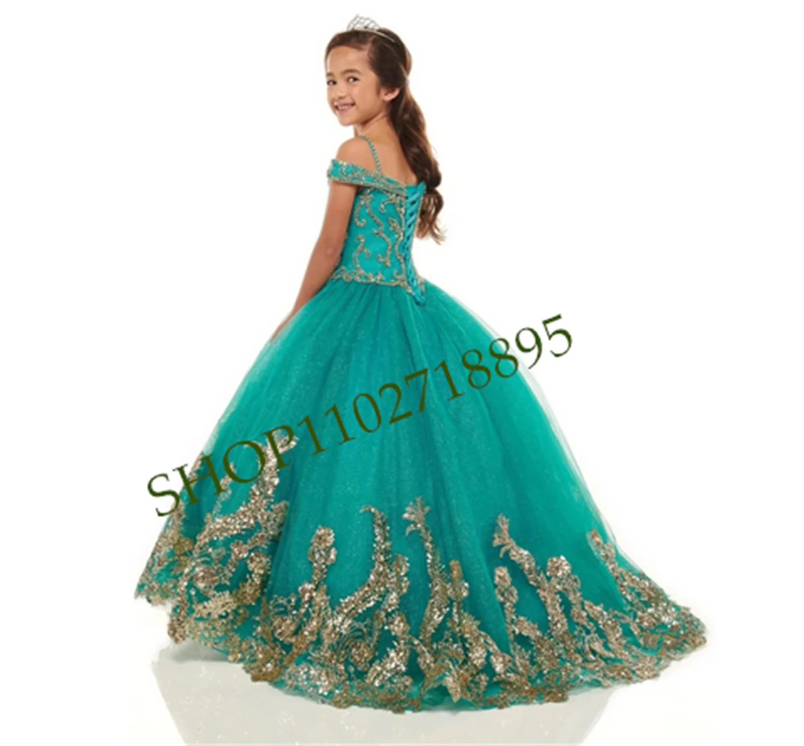 

Cute Teal Blue Princess Ball Gown Girl Dress First Communion Prom Costumes Dresses Flower Sequined Appliques