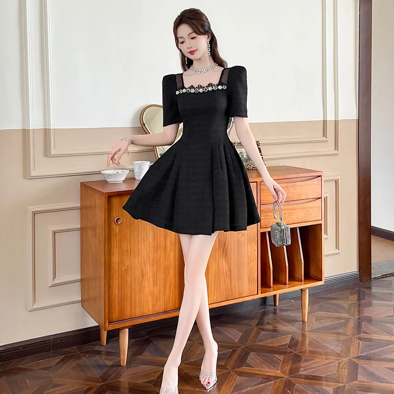 Birthday Puffy Black Dress Summer New Woman Square-Neck Waist-Tight Rich