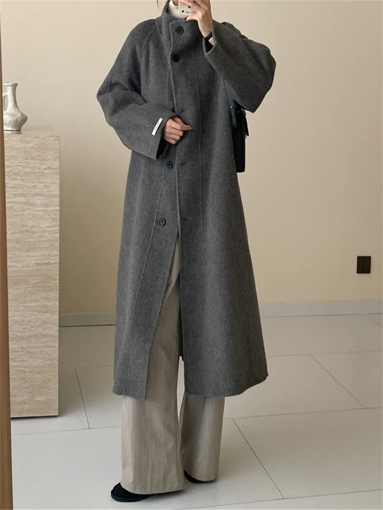 LANMREM Fashion cappotto di lana a doppia faccia colletto alla coreana da donna cappotti a vita arricciati con lacci singoli 2024 nuovo 2 z2349