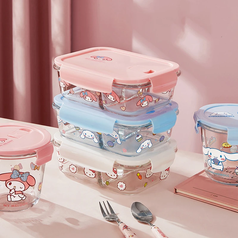 Kawaii Sanrio Cinnamoroll Hello Kitty moja melodia szklana pudełko na Lunch kuchenka mikrofalowa podgrzewanie specjalnej miski do przechowywania świeżego Bento