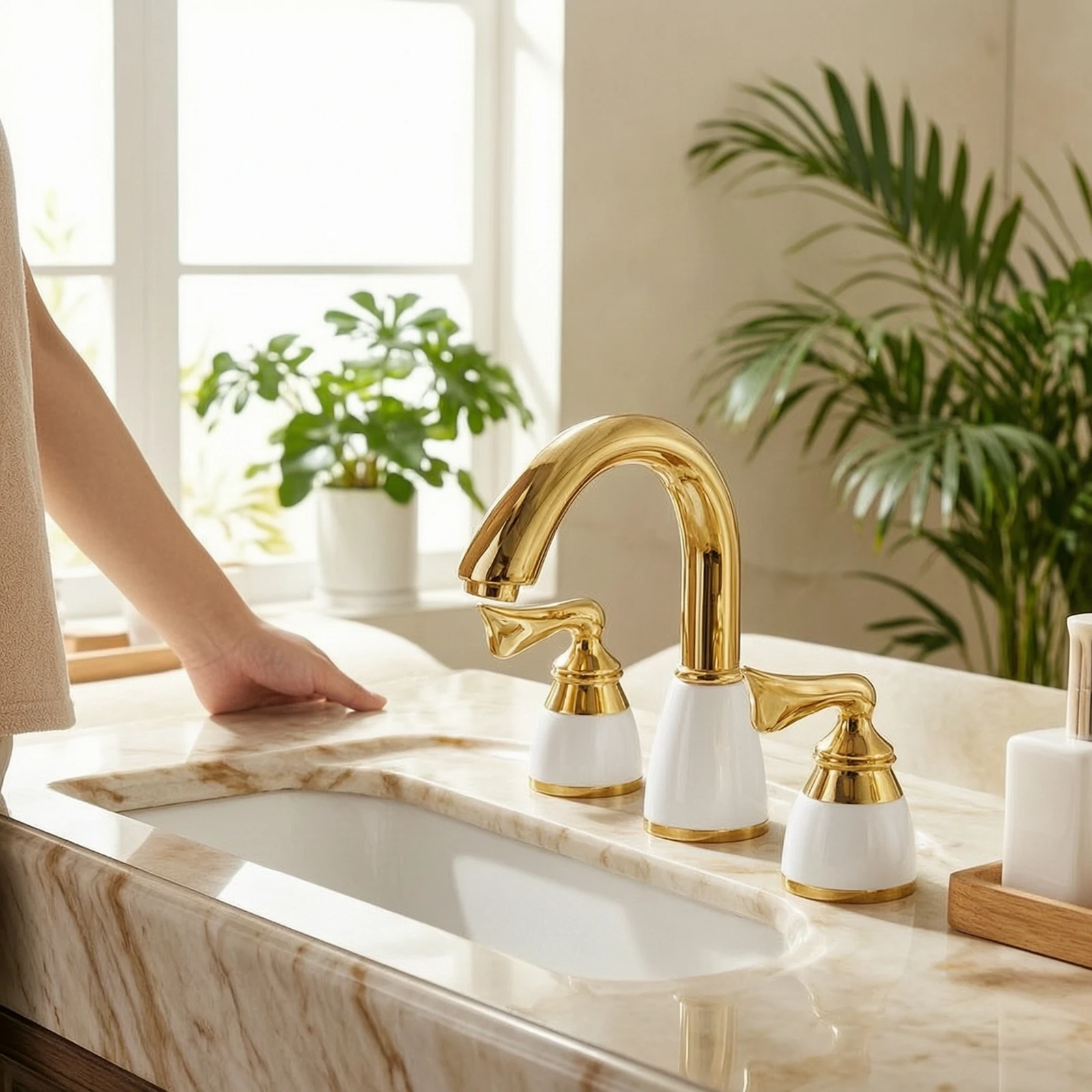 Bathroom Faucet with Supply Hoses Deck-Mounted Three-Hole Faucet Tap Ceramic Hardware Easy to Install for Washbasin