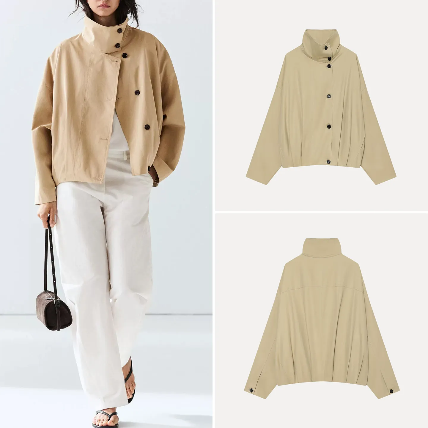 Fashionable Pilot Jacket Women's Short Coat Stand Collar Pleated Details Summer 2026 New Arrival ZADATA Standard Fit Button C...