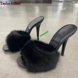 5cm/8cm/10cm Genuine Fur Slippers For Women Autumn Winter Sexy Round Toe Solid Color Stiletto Fashion Outer High Heels 2024 New