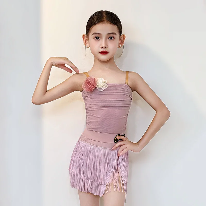 Latin Clothes Girls Pink Children Dancer Training Suit Fringe Skirt Cha Cha Samba Salsa Practice Wear Kid Latin Outfit
