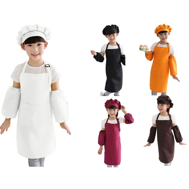 

3pcs Kid Apron Set Chef Hat Bibs and Sleeves Boys Girls Aprons for Children Cosplay Kitchen Cooking Baking Painting Wear