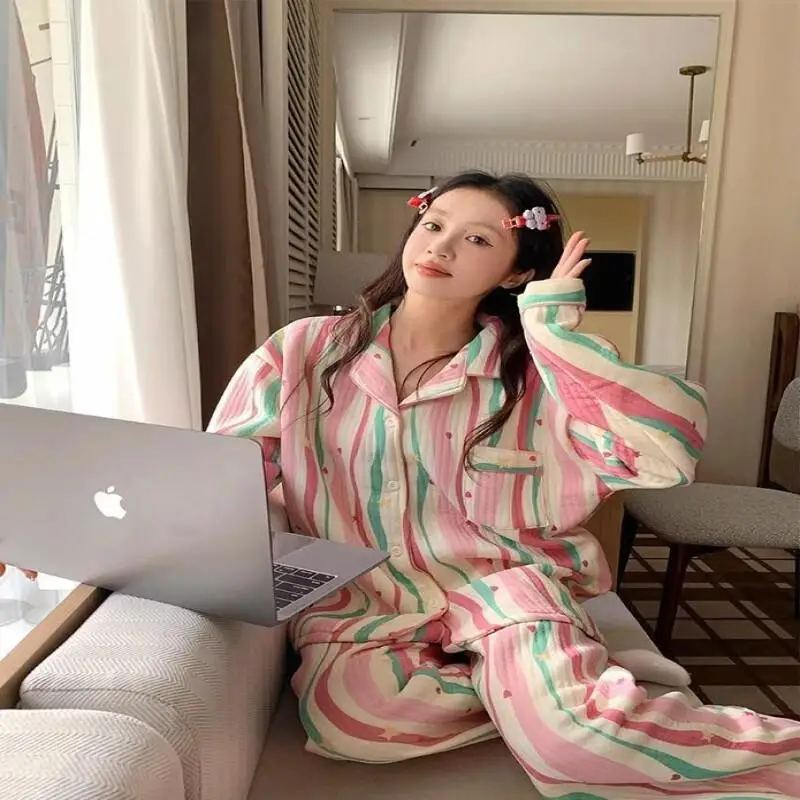 여성용 파자마 세트, 따뜻한 겨울 파자마, 패셔너블한 홈웨어, 귀엽고 부드러운 파자마 세트, 달콤한 무지개 색상