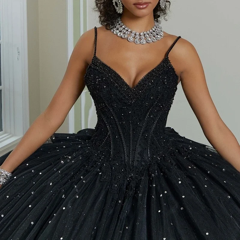 ANGELSBRIDEP Black Quinceanera Dresses Spaghetti Strap Sequined Beads Crystal Appliques Lace Tull Vestidos De 15 Años Customized