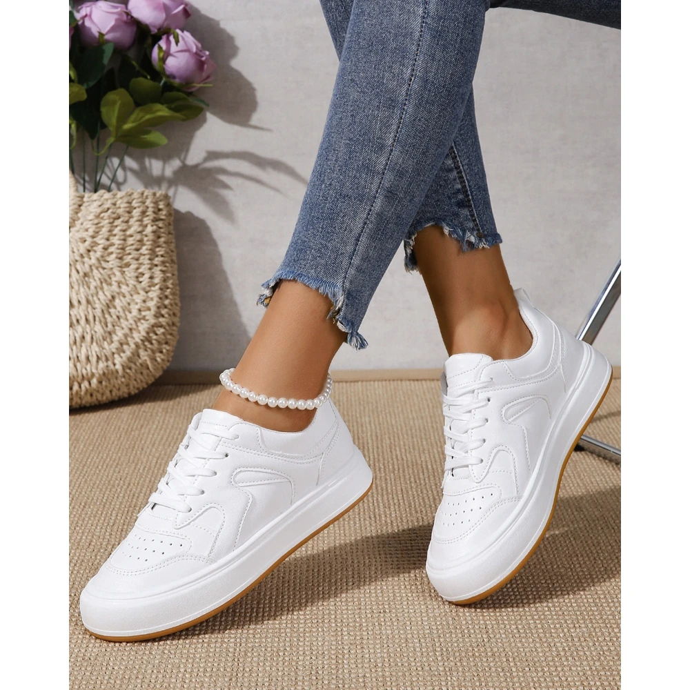 Women Eyelet Lace-up Round Toe Breathable White Shoes Autumn Casual Daily Flats Sneakers Korean Style Spring Autumn