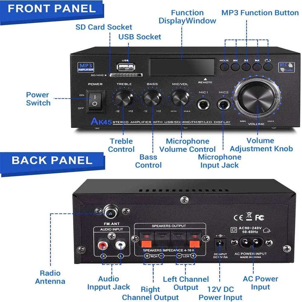 AK45-Power Amplificador com Bluetooth 5.0, Amplificador de Áudio Hi-Fi, Receptor Amplificador Estéreo, Subwoofer, 40W X 2 Saída, 400W Max, 2.0CH