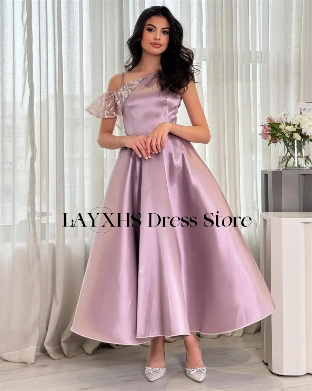 LAYXHS Exquisites One-Shoulder-Abendkleid, A-Linie, Spitze, Blumen, Falten, bodenlang, Ballkleid, individuell gestaltet