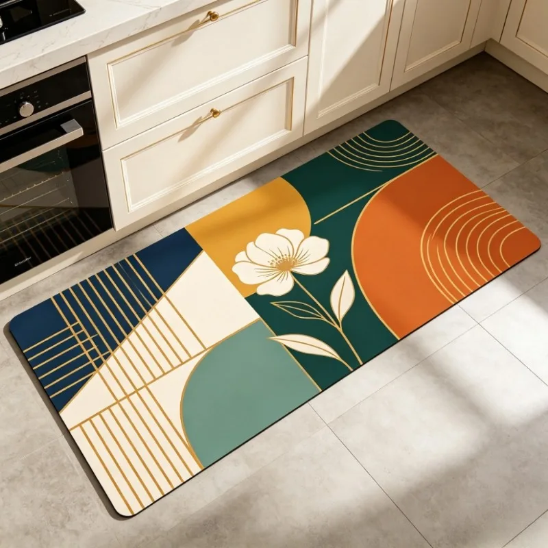 VIKAMA Gold Line Floral Diatom Kitchen  Long Mat, Luxury Green Art Non-Slip Floor Mat, Absorbent Bathroom Rug Home Decor