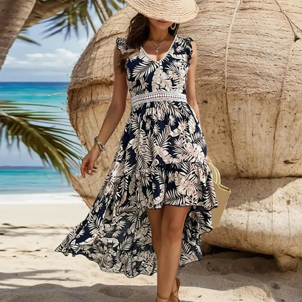 Abito estivo da spiaggia elegante abito Boho con stampa foglia con scollo a V scava fuori la vita per le donne vestito estivo da vacanza al mare