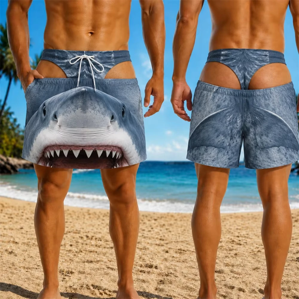 Unisex Funny Sea Animal 3D Print Cut‑Out Swim Trunks Novelty Drawstring Quick‑Dry Beach Shorts Humor Party Bathing Swimwear