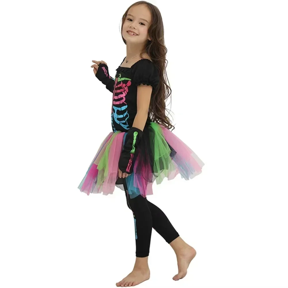 Kinder-Halloween-Hexen-Outfit für Mädchen, farbiges Skelettmuster, Tutu-Kleid, Leggings, Hut, Besen, Halskette, Süßigkeitentasche, Party-Kostüm-Set – Detail 5