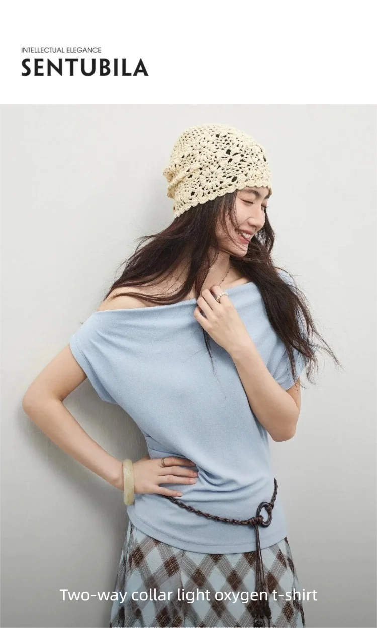 SENTUBILA Damen-Strick-T-Shirt mit Wendekragen, Frühling 2026, Weiß, minimalistisch, für den Alltag, plissiert, schmal geschnitten, Kurzarm-Oberteil 161TA4924 – Detail 3