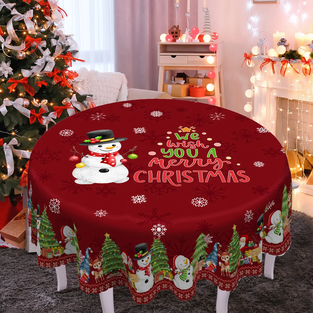 1 Piece, Christmas Printed Polyester Tablecloth + 4 Self-Adhesive Stickers, Snowman, Christmas Tree, Santa Claus Pattern Print, Embossed Edges, Suitable for Home Kitchen, Living Room Dining Table, Balcony Coffee Table, Holiday Party Holiday Table Decoration Tablecloth, Outdoor Picnic Decoration, Coffee Table Tablecloth Table Cover, Perfect Holiday Gift, Autumn and Winter Tablecloth Decoration, Christmas Decorative Tablecloth - T006