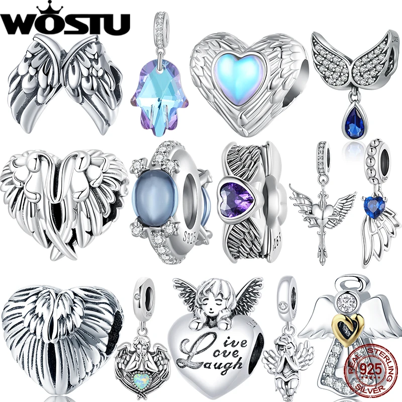 

WOSTU 925 Sterling Silver Moonstone Wing Beads Heart Guard Charm Vintage Angel Guardian Pendant Fit Original Bracelet Bangle DIY