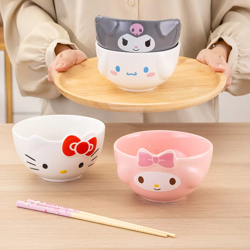 For Sanrio 5inch Ceramic Bowl Cartoon 3D Relief Rice Bowl Salad bowls for Kids Household Cute My Melody/Kuromi Tableware Gift