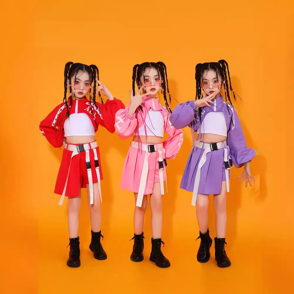 Strój do tańca jazzowego dla dziewczynki, kostium do tańca hip-hopowego, jazzowego, kpop dla dzieci, różowy strój, zestawy ubrań streetwear