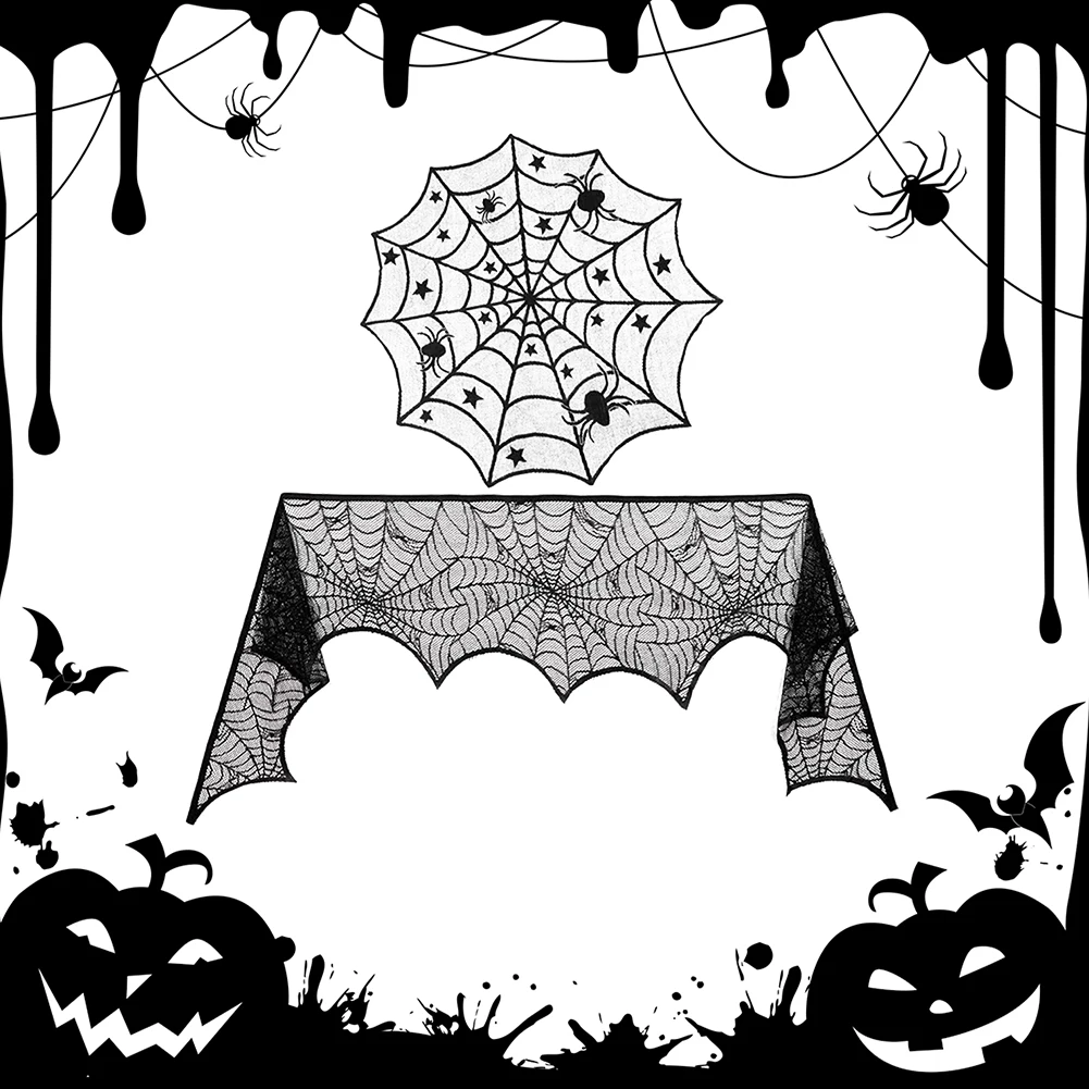 

Halloween Black Spider Table Cover with Fireplace Spider Cover Spider Web Lace Round Tablecloth for Festival Party Decor