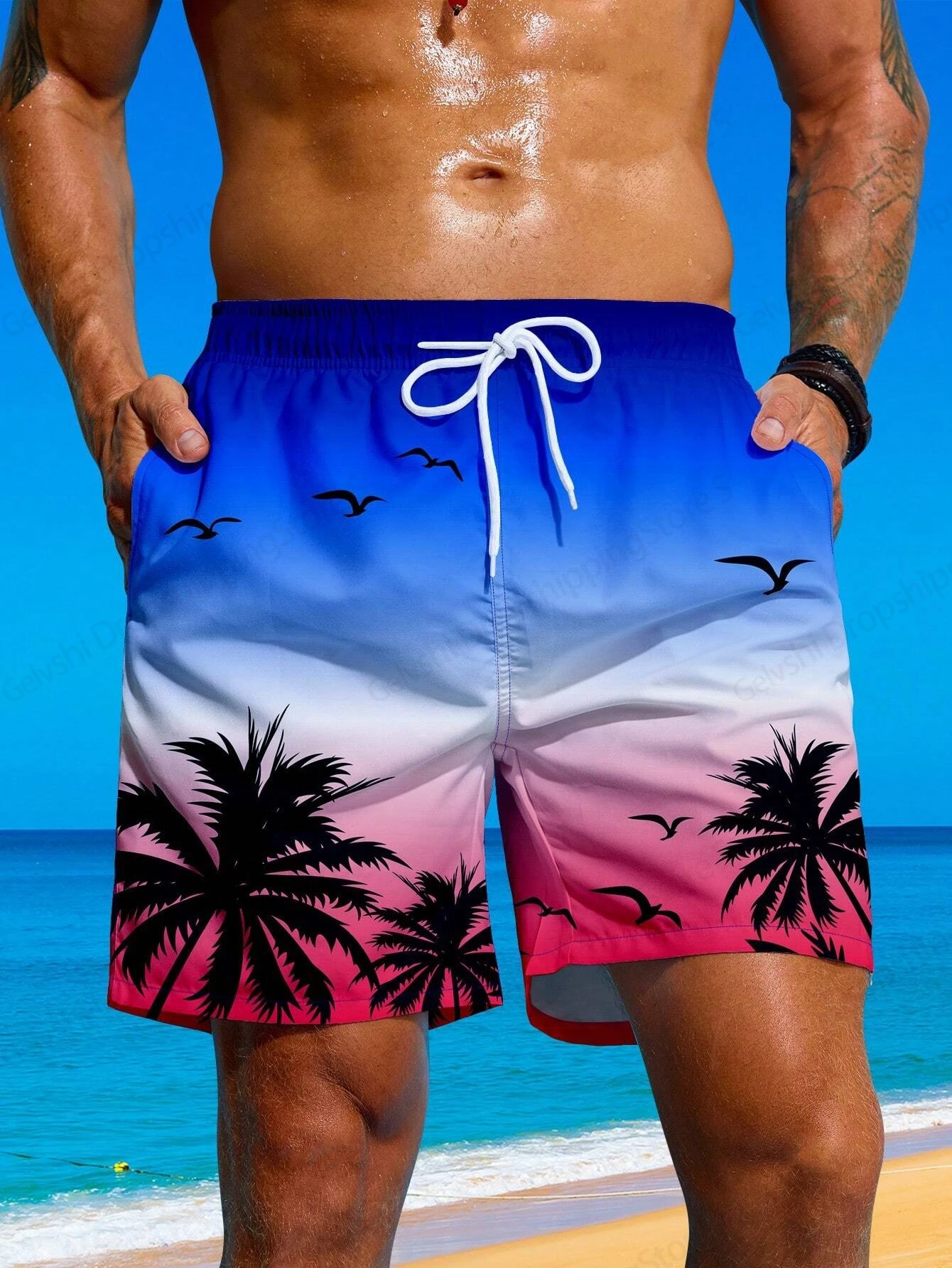 Summer Men\'s Swimwear Shorts Palm Tree Print Board Shorts Beach Sexy Trunks Men Swimsuit Surf Board Short Sports Pants Brief Boy