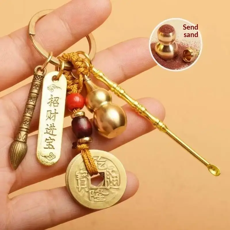 Chinesischer Stil Tierkreiszeichen Messing-Kürbis Fünf-Kaiser-Geld-Schlüsselanhänger Metall Fengshui Anhänger R-Tasche Schlüsselring Dekoration Geschenk Accessoire – Detail 2