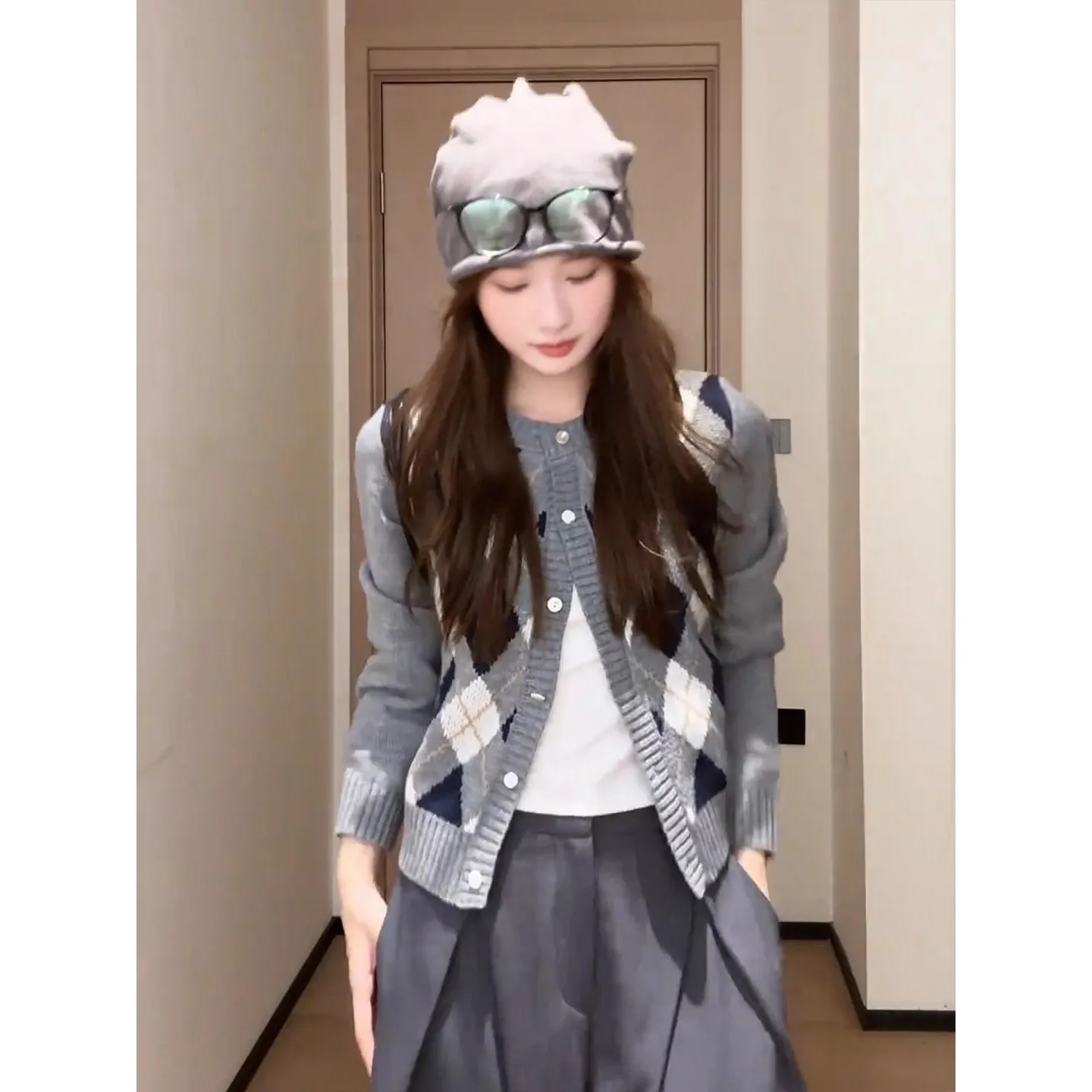 الكورية Sle ey Long Sve سترة معطف المرأة الخريف تصميم محبوك المعين نمط زر حتى سليم صالح جولة Ne الأعلى #2