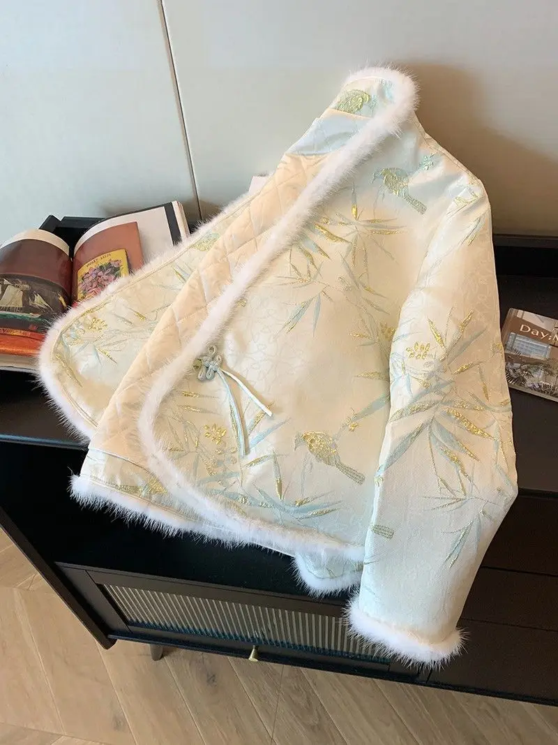 2026 new chinese style niche cotton jacket for women  autumn and winter retro style bamboo loose fitting warm top